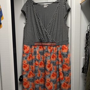 eShakti Striped Black and White Dress with Orange Floral Skirt